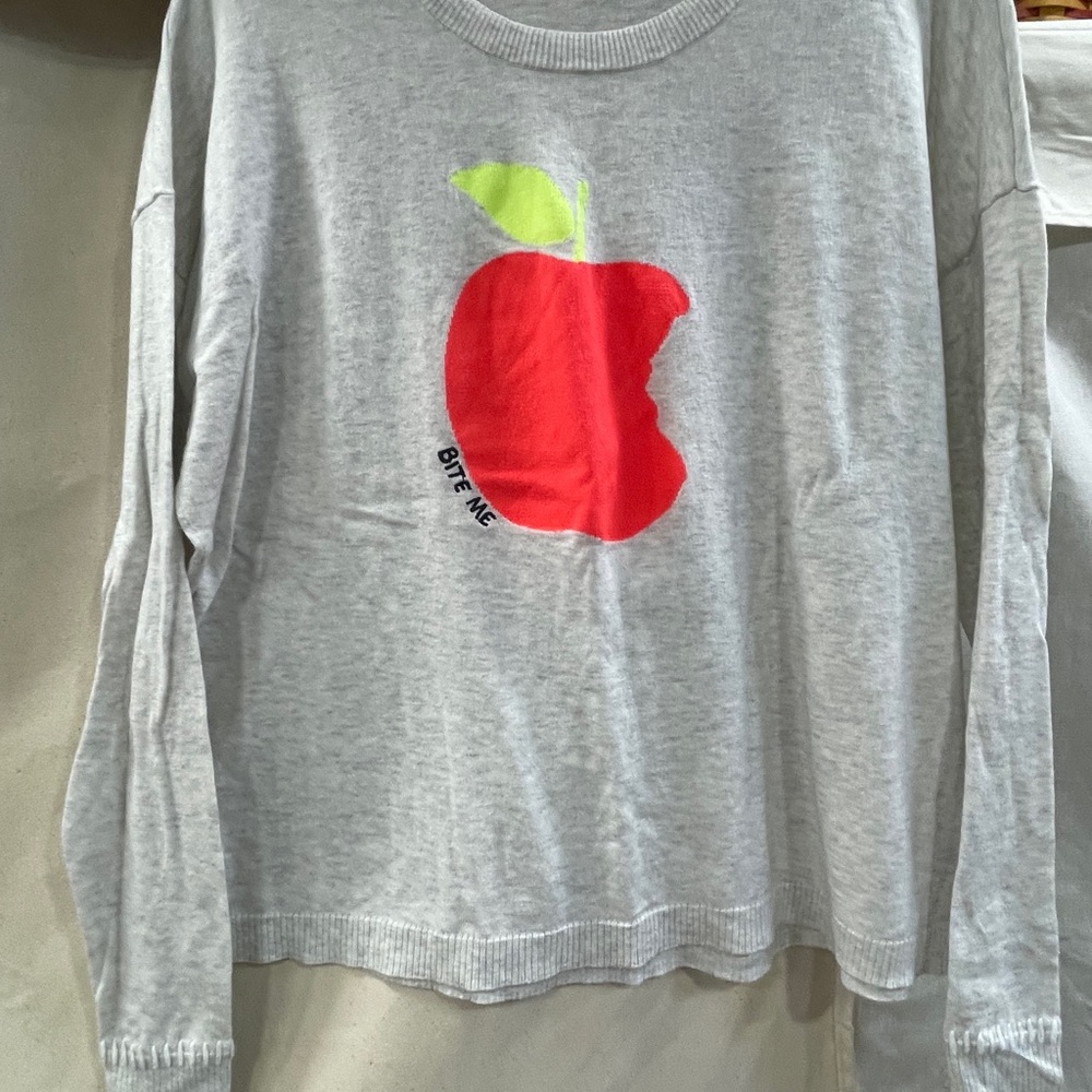 Lisa Todd Gray sweater with Red-orange Apple Design